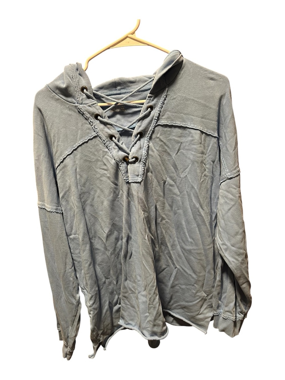 Aerie Lace-Up Oversized Hoodie Light Blue Raw Hem S